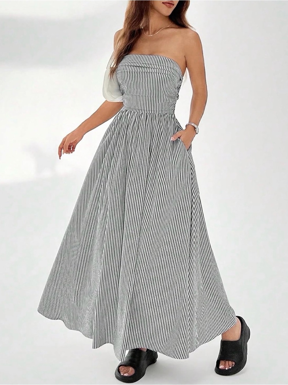 Striped Strapless Maxi Dress - White/Black